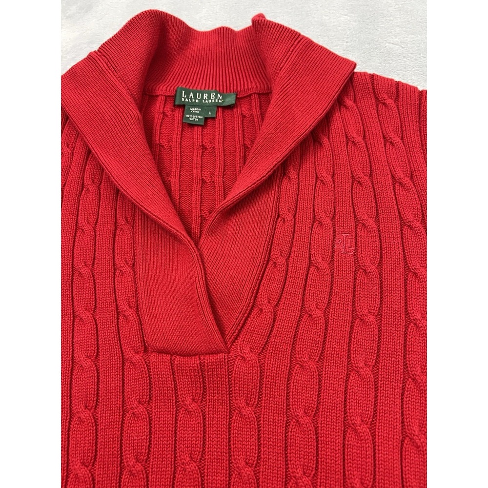 Ralph Lauren Cable Knit Sweater Womens Large Red Shawl Collar V-Neck Pullover - Picture 3 of 8